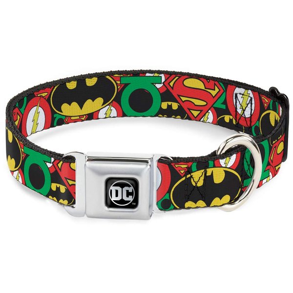 Buckle-Down Seatbelt Buckle Dog Collar - Justice League Stacked Logos - 1" Wide - Fits 11-17" Neck - Medium, Multicolor