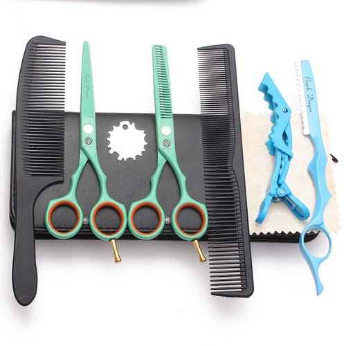 5.5 inch Purple Hair Cutting Scissors Set with Razor, Leather Scissors Case, Barber Hair Cutting Shears Hair Thinning/Texturizing Shears for Professional Hairdresser or Home Use (Blue)