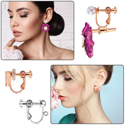 Hicarer 10 Pairs Non Pierced Earrings Clip-on Earrings Converter Components with Post for Non-Pierced Ears, with 12 Pairs Comfort Earring Pads for Women and Girl (Multi-Type Series)