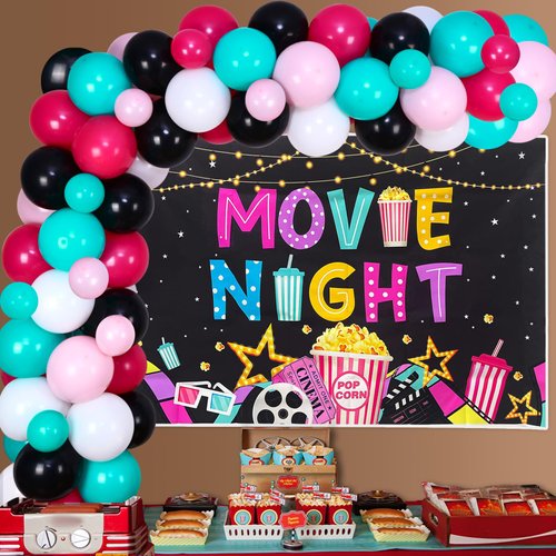 kreat4joy Movie Night Birthday Party Decorations for Girls, Movie Theme Party Decorations, Movie Night Backdrop Balloons Arch for Movie Night Theme Birthday Party Supplies