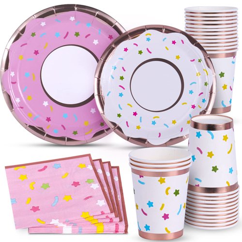 Donut Party Supplies, Pink Donut Plates and Napkins Set, Donut Party Plates and Cups, Napkins for Donut Birthday Party Baby Shower Donut Grow Up Themed Parties Serves 24