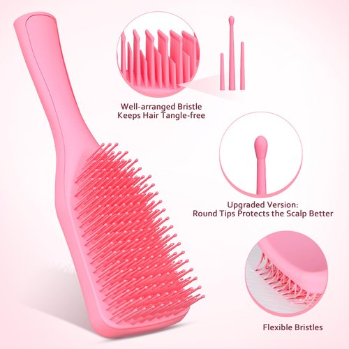 SHINLEA No Tangle Detangler Hair Brush for Wet & Dry Hair, Wave-shaped Soft Bristle Hairbrush for Reduces Breakage, Lightweight Travel Brush Detangling All Hair Types, Pink