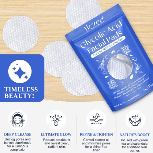 Glycolic Acid Pads,Glycolic Acid Peel Pads with 10% Ultra Pure Glycolic + 2% Salicylic Acid,Cleansing Pads for Face & Body with Vitamins B3, C & E, Green Tea, Calendula, Allantoin - 60 Pads