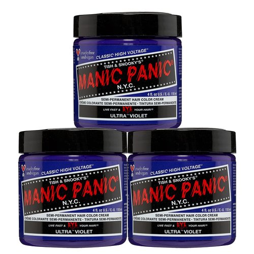 MANIC PANIC Ultra Violet Hair Dye – Classic High Voltage - (3PK) Semi Permanent Hair Color - Cool, Blue Toned Violet Shade - Vegan, PPD & Ammonia-Free - For Coloring Hair on Women & Men