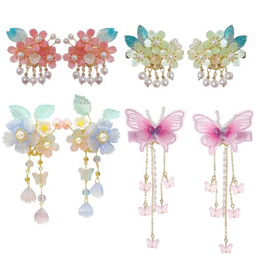Petunny 3Pairs Tassel Hairpins with Chinese Headdress, Suitable for Wedding, Daily Decoration - Antique Style Hair Clips