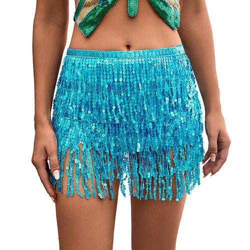 Lauthen.S Women Belly Dance Hip Scarf Sequin Tassel Beach Wrap Skirt,Blue