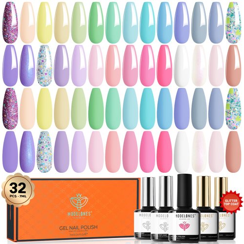 Modelones 32Pcs Gel Nail Polish Set, 28 Colors 7ML Gel Polish Set with Glitter & Glossy & Matte Gel Top + Base Coat Macaron Colors, 2024 Gel Polish Kit Trendy Nail Art