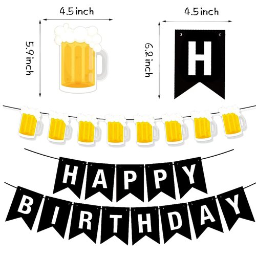 DIADARL Beer Birthday Banner Beer Mug Pennant Banner Black Birthday Banner for Kids, Adults, Perfect Birthday Party Supplies