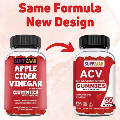 SUPPZAAR Vegan Apple Cider Vinegar Gummies with The Mother, 500mg 60 Servings - ACV Gummies for Immune System, Digestion, Natural Detox & Cleanse - Alternative to Apple Cider Vinegar Capsules