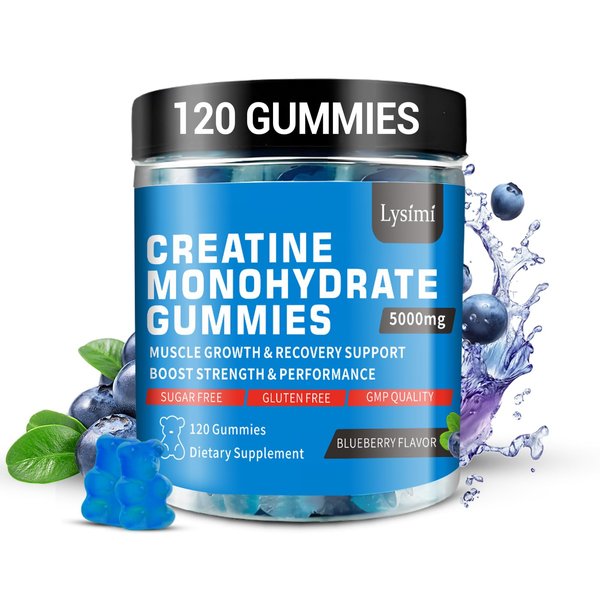 Lysimi Creatine Monohydrate Gummies 5000mg for Men & Women, Creatine Monohydrate for Muscle Strength, Muscle Builder, Energy Boost, Pre-Workout Supplement, Blueberry Flavor, 120Count