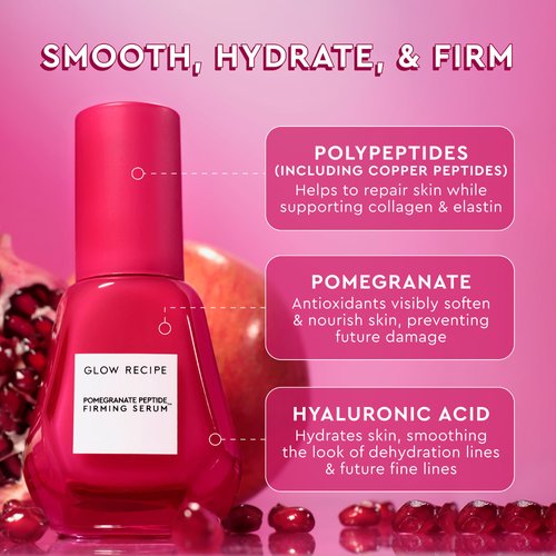 Glow Recipe Pomegranate Copper Peptides Face Serum - Face Firming Peptide Serum for Women & Men with Polypeptides + Hyaluronic Acid - Hydrating & Plumping Facial Serum for Smoothing Fine Lines (30ml)