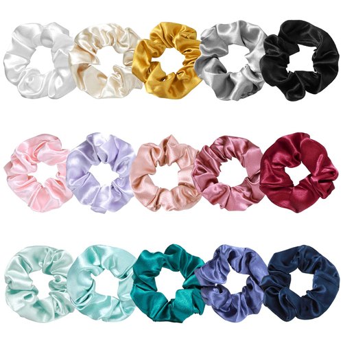 Oruola 15pcs Satin Scrunchies for Curly Hair,Elastic Scrunchies for Women,Mix Color Satin Scrunchies,Soft Scrunchies for Girls & Women with Curly Hair,Satin Hair Scrunchies No Hurt Your Hair
