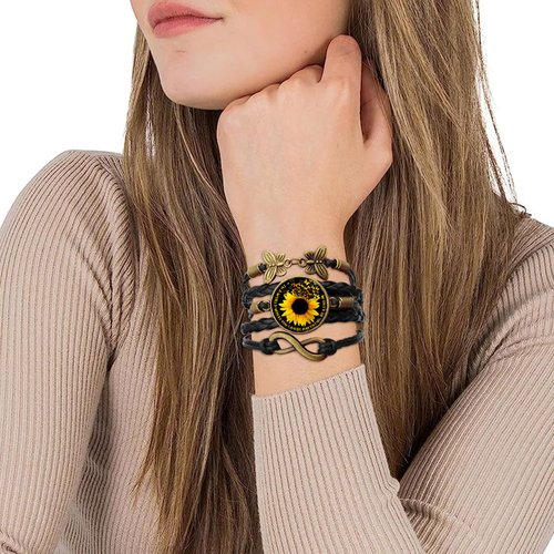 Yucaxu Sunflower Leather Bracelets Boho Wrap Bracelet Handmade Braided Rope Charms Sunflower Bracelet for Women Girls Bohemian Wrap Bracelets Mother's Day Gifts for Mom