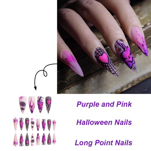 24 Pcs Halloween Purple Fake Nails Long Stiletto Press on Nails with Ghost Spider Web Flame Designs, Almond Shaped Halloween Glue on Nails Glossy Full Cover Stick on Nails Halloween Nails for Women