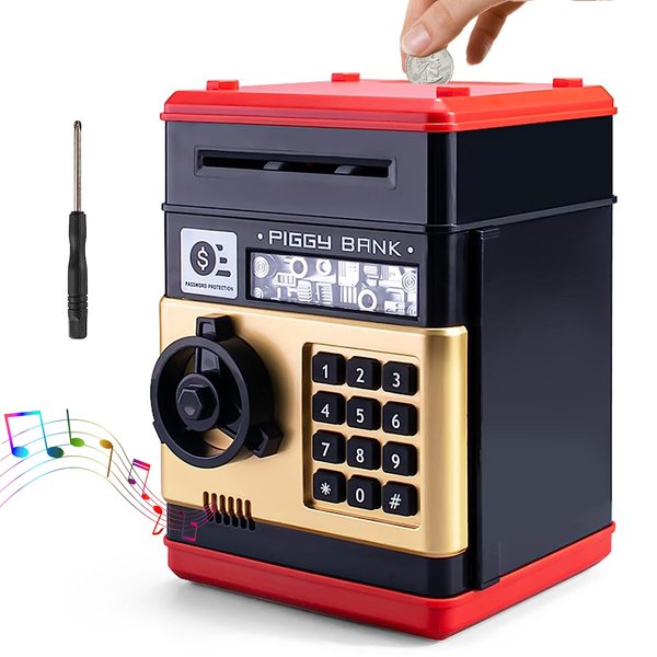 Acalu Piggy Bank boalord for Kids, Mini ATM Auto Scroll Paper Coin Bank Money Saving Box with Password, Cashes & Coins Saving Box for Boys and Grils Gifts Toys (Black Gold)