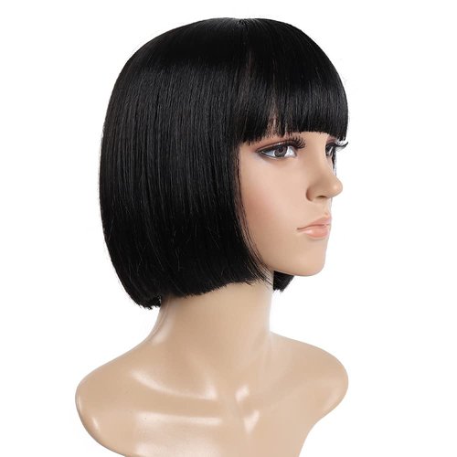 SYXLCYGG Bob Wig Black Short Wigs Flame Retardant 10" Straight Womens Synthetic Hair Wig With Bangs Girl Cosplay Party White Women Daily(Free Wig Cap)