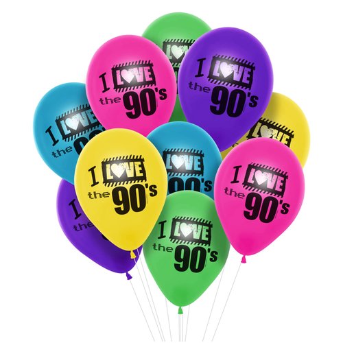 90's Party Supplies - Set of "I Love the 90's" 12 Inch Latex Balloons in Bright Yellow, Blue, Purple, Green, and Pink (20 Pack)