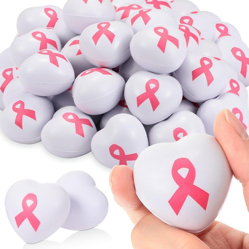 Tradder 36 Pcs Pink Ribbon Heart Stress Balls Heart Shaped Breast Cancer Gifts Foam Ball Hope Faith Strength Courage Stress Relief Gifts for Breast Cancer Awareness Month Bulk Party Favors