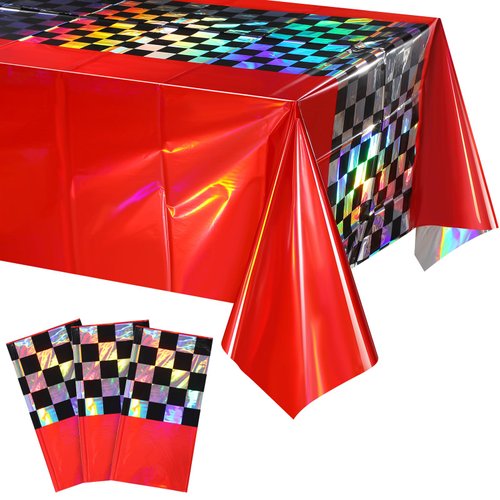 3Pack Iridescent Race Car Plastic Tablecloth, Disposable Shiny Laser Red and Black Checkered Table Cloth, Holographic Foil Rectangle Tablecloth for Race Car Boys Birthday Party Decorations, 54x108Inch