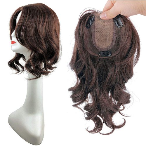 Natural Wavy 14" Middle Part Hair Topper 10x13cm Mixed Hair Clip in French Style Wig Light Brown