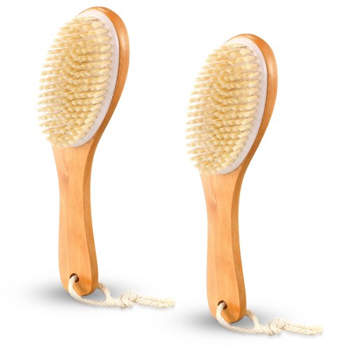 2 Pcs Dry Brushing Body Brush Natural Boar Bristle Body Brush Dry Skin Scrub Brushes with Contour...