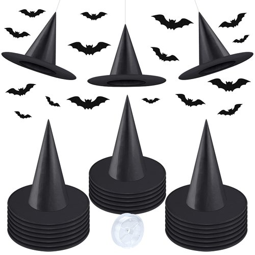 ELECLAND 20Pcs Halloween Costume Witch Hat Caps with 328 Ft Hanging Ropes and 16Pcs Scary 3D Bat Stickers, Halloween Costume Accessories, Halloween Decorations
