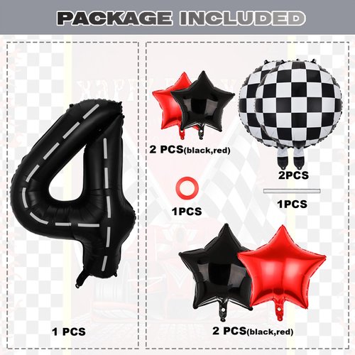 Race Car Birthday Party Balloons,40 Inch Big Mylar Foil Racetrack Number Balloon 4 Black for Boys 4th Birthday Party Decorations,Race Car Theme Party Decorations Supplies 9 Pcs Set