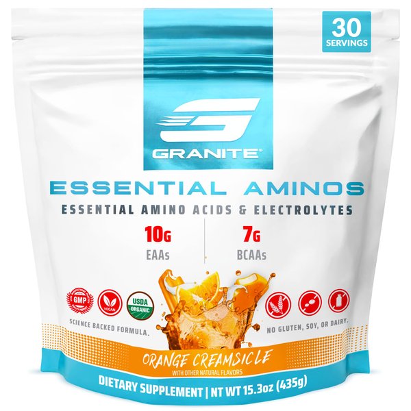 Granite 10g Essential Amino Acids Powder | Muscle Recovery Supplement for Muscle Growth | 7g BCAA Powder with Electrolytes | 30 Servings | Orange Creamsicle Flavor | Soy & Gluten Free | Made in USA