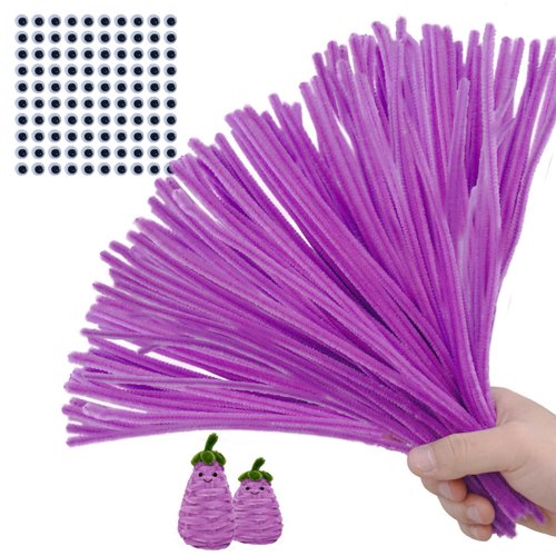 AHUIFT Upgraded 100PCS Purplish Red Pipe Cleaners Chenille Stems Bulk DIY Art Supplies Craft Bonus Googly Eyes Thicker Long Fuzzy Sticks Wires for Adults and Toddlers