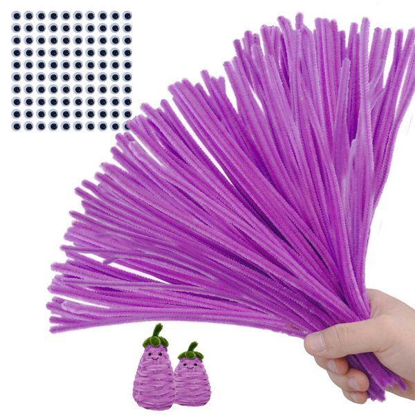 AHUIFT Upgraded 100PCS Purplish Red Pipe Cleaners Chenille Stems Bulk DIY Art Supplies Craft Bonus Googly Eyes Thicker Long Fuzzy Sticks Wires for Adults and Toddlers