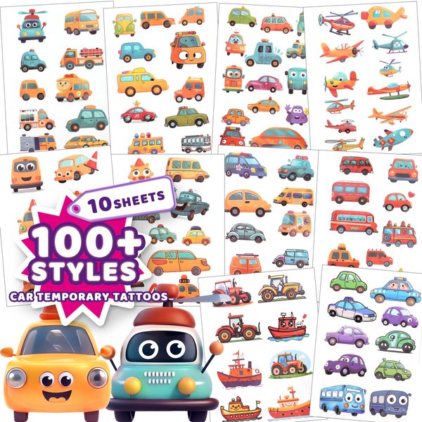 Yocieco Temporary Tattoos for Kids, 102 Styles Car Vehicle Trucks Bus Plane Tattoos Stickers for Kids, Gifts for Boys Girls Childern Birthday Party Favors