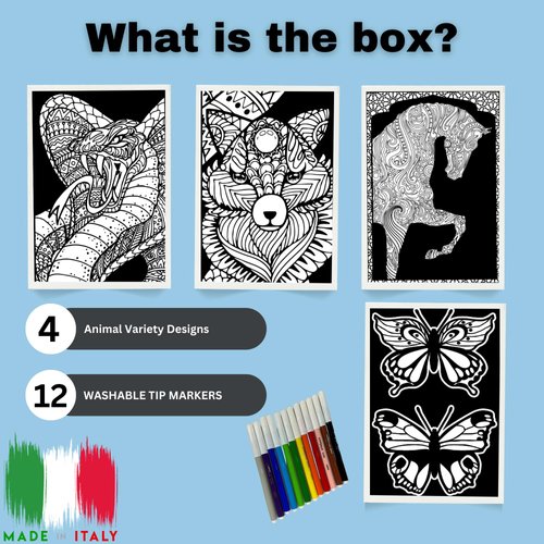 4 Pack Velvet Coloring Posters- Animal Variety- Arts & Craft Kit Includes a Fox, King Cobra, Horse, Butterflies and 12 Felt Tip Markers- Ideal for Travel- Boys and Girls 3+