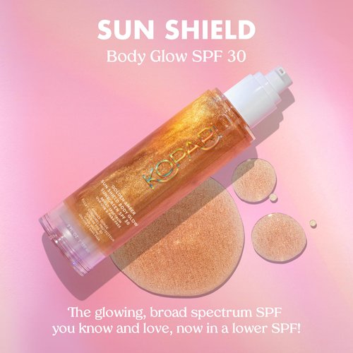 Kopari Sun Shield Body Glow, Broad Spectrum SPF 30, Lightweight Shimmering Gel Texture Absorbs Quickly, Non Sticky, Glowing Results, Golden Amber 5 oz