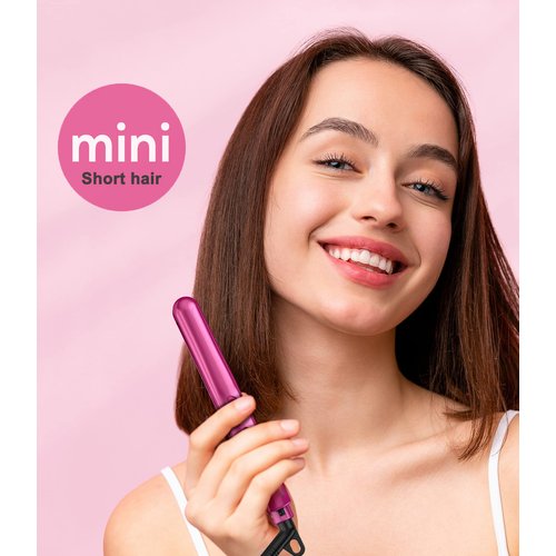 Terviiix Mini Flat Iron for Travel, 1/2'' Small Hair Straightener for Short Hair/Bangs, 0.5'' Portable Ceramic Straightening Irons, Dual Voltage, Pouch Included, Compact Size, Pink