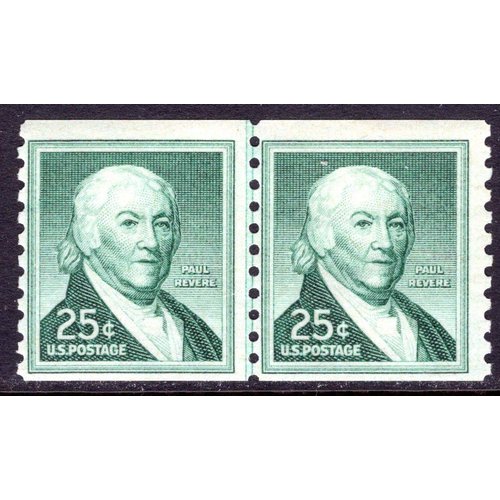 USA 1965 25-Cent Paul Revere Coil Pair of Postage Stamps, Catalog No 1059A, Mint Never Hinged