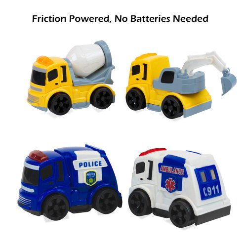 6 PCS Friction Power City Builder Construction Cars for Kids Boys Girls with Police Car, Ambulance, Fire Truck, Concrete Mixer Truck, Crane, Excavator