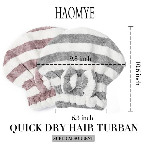 Haomye Microfiber Hair Dry Cap Absorbent Quick Drying Cap Soft Hair Drying Towel Stripe Dry Hair Cap Hair Towel Cap with Bow-Knot Shower Cap for Women and Girls 2Pcs (Coffee White & Grey White)