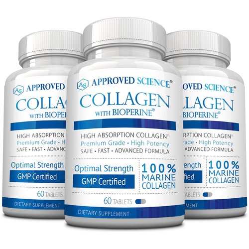 Approved Science Collagen Pills - Absorbable Marine Collagen Types I and III - 180 Tablets - Healthy Hair, Skin, and Joints - Vitamin C, Sodium, and Bioperine for Fast Results - Non-GMO, Made in USA
