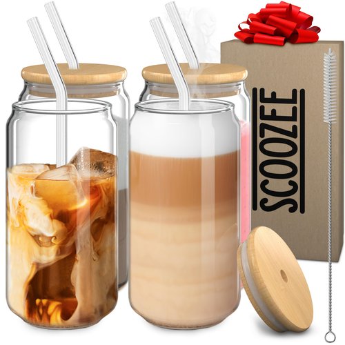 Glass Cups with Lids and Straws (18oz, Set of 4) Iced Coffee Cup, Ice Tea Glasses | Aesthetic Coffee Bar Accessories Home Essentials New Apartment Housewarming Gift