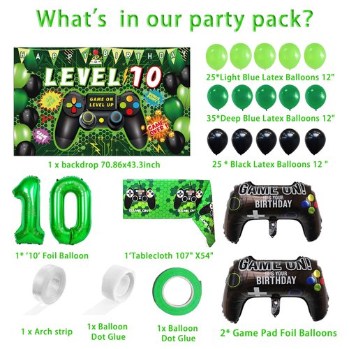 Vlipoeasn 90PCS 10th Birthday Video Game Party Decorations for Boys Set Green 10th Birthday Supplies -10th Video Game Backdrop, Balloons, Tablecloth, Gamer and 10 Foil Balloons for 10th Birthday Party