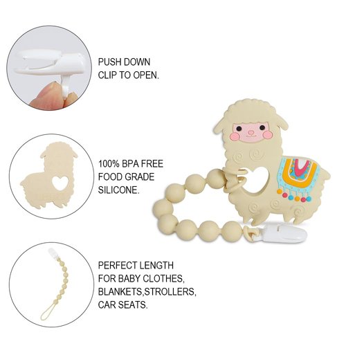Baby Teething Toys,Food Grade Silicone Teether with One-Piece Pacifier Clip Holder,Shower Gift,Highly Effective Pain Relief for 3 Months+ Boy and Girl,BPA Free,Freezer Safe. (Yellow Llama)