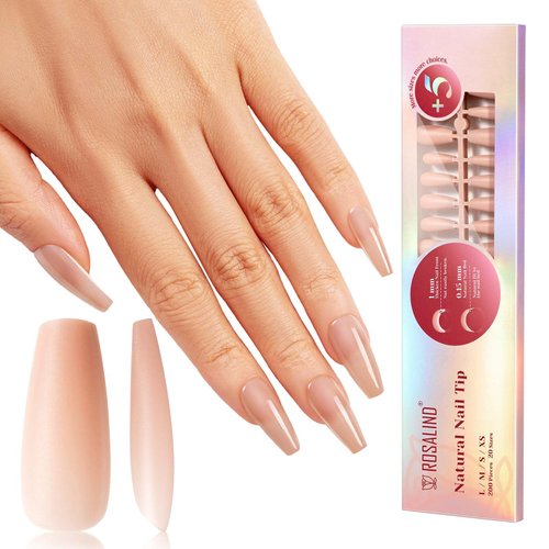 ROSALIND Nude Coffin Nail Tips, 200 PCS Neutral Soft Gel Medium Coffin Nail Tips Full Cover Acrylic Nail Tips, Nude Pre-colored Fake Press On Nails Nail Extensions 20 Sizes Manicure Artificial Nails