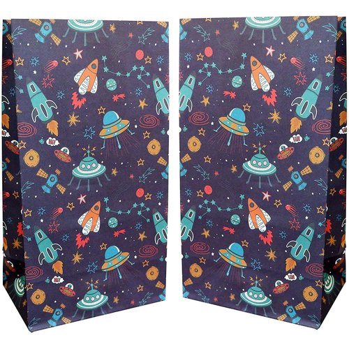 Outer Space Favor Bags - 24-Count Patterned Kraft Paper Goodie Gift Bags - Treat Bags and Party Supplies for Theme Party, Kids Birthday, Party Favor - 9.5" x 5.5" x 3.25"