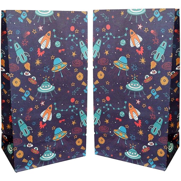 Outer Space Favor Bags - 24-Count Patterned Kraft Paper Goodie Gift Bags - Treat Bags and Party Supplies for Theme Party, Kids Birthday, Party Favor - 9.5" x 5.5" x 3.25"