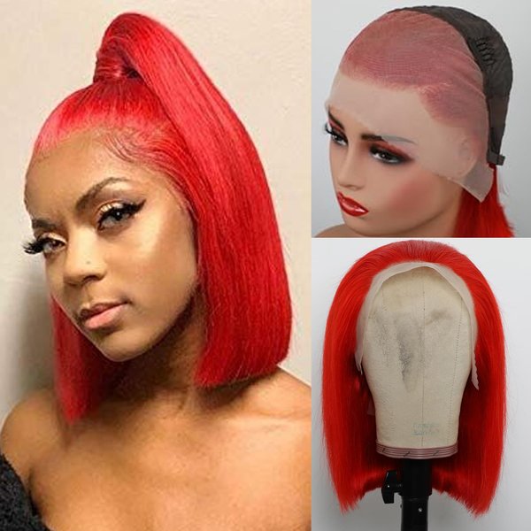 GIRLOFDREAMS 13x4 Red Color Short Bob Wig Human Hair Colored Straight Lace Frontal Wigs Glueless 180 Density Pre Plucked with Baby Hair Brazilian Remy Hair Transparent Lace Front Wigs for Black Women