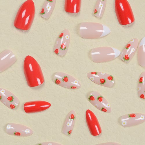 24Pcs French Tip Press on Nails Medium Almond Fake Nails Cute False Nails with Flower Strawberry Designs Full Nail Tips Natural Reusable Stick on Nails Full Cover Glue on Nails for Women Girls