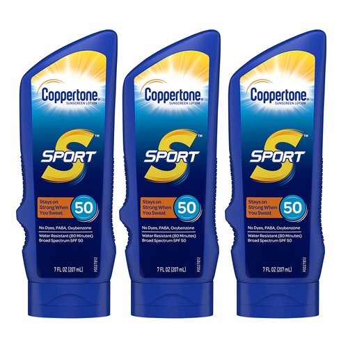 Coppertone Sport Sunscreen Lotion SPF 50, Water Resistant Body Sunscreen, Broad Spectrum SPF 50 Sunscreen, Bulk Sunscreen Pack, 7 Fl Oz Bottle, Pack of 3