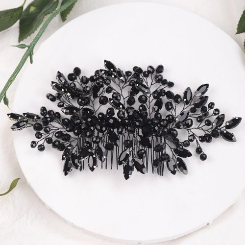Kercisbeauty Black Crystal Beads Statement Big Hair Comb for Wedding Brides Women Girls Handmade Hair Pieces Jewelry Halloween Punk Hair Band