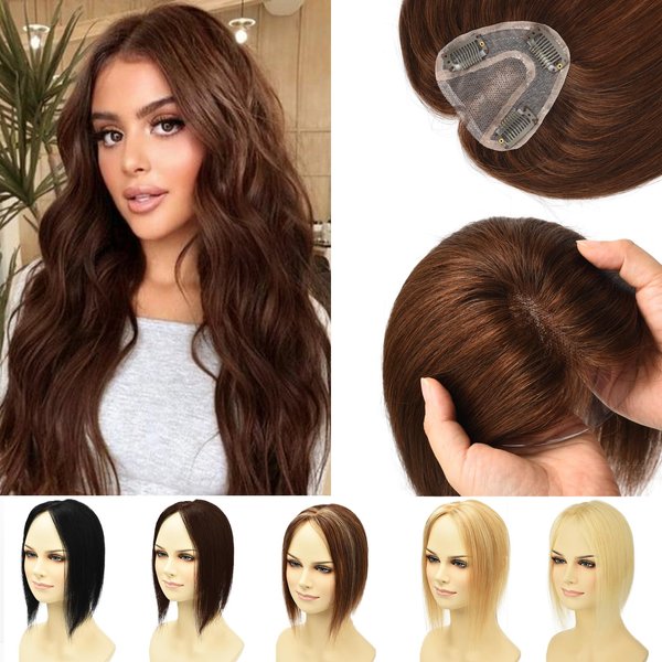 RICH BRIA Hair Toppers Real Human Hair Clip in Hair Toppers Hair Toppers for Women with Thinning hair (Medium Brown)