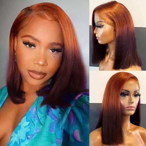 Dark Purple Ombre Ginger Bob Wigs 13x4 HD Transparent Lace Frontal Human Hair Ginger Orange Purple Two Colored Lace Front Ombre Bob for Women 10 Inch 150% Density Pre Plucked with Natural Hairline